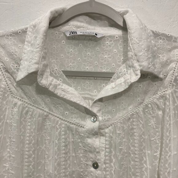 ZARA Long Sleeve Button Down Crop Top Eyelet Embroidered Semi sheer White M - Picture 5 of 11